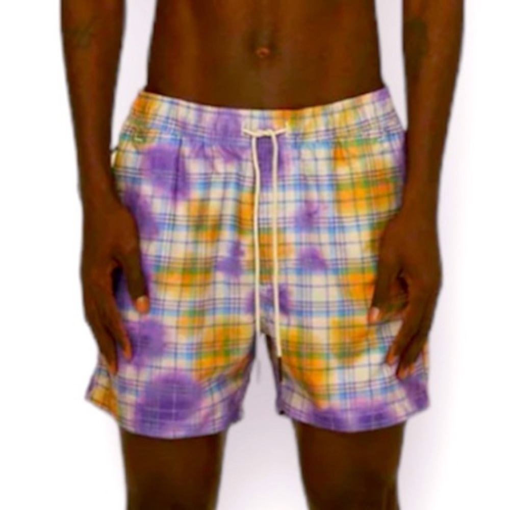 OAS TARTAN TIE DYED 4’ inch swim trunks pockets elastic drawstring waist M
